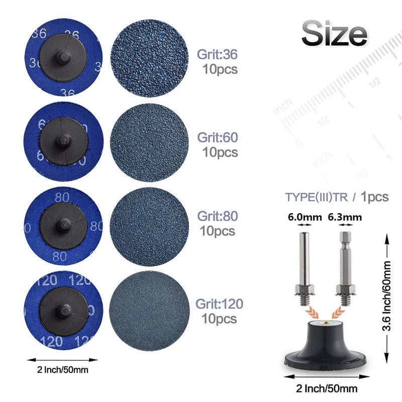 NYXCL Miroku 40Pcs Mixup 2-inch Quick Change Discs Set, Zirconia Sanding Discs with 1/4" Holder, for Die Grinder Surface Prep Strip Grind Polish Finish Burr Rust Paint Removal - Image 3